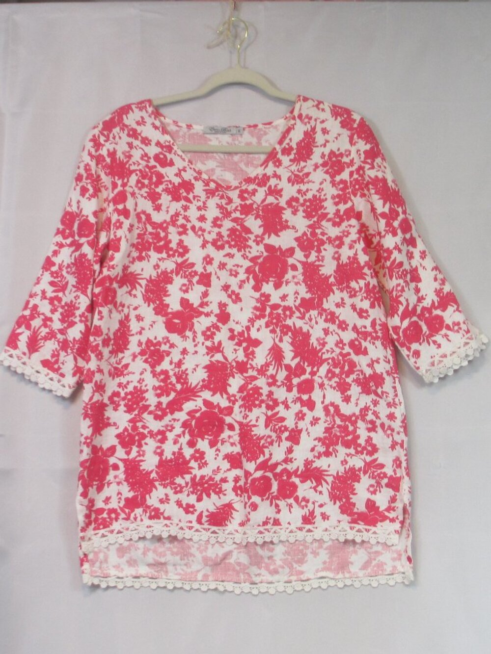 Elena Baldi Womens 100% Linen Pink/White Floral 3/4 Sleeve Tunic Made Italy Sz M